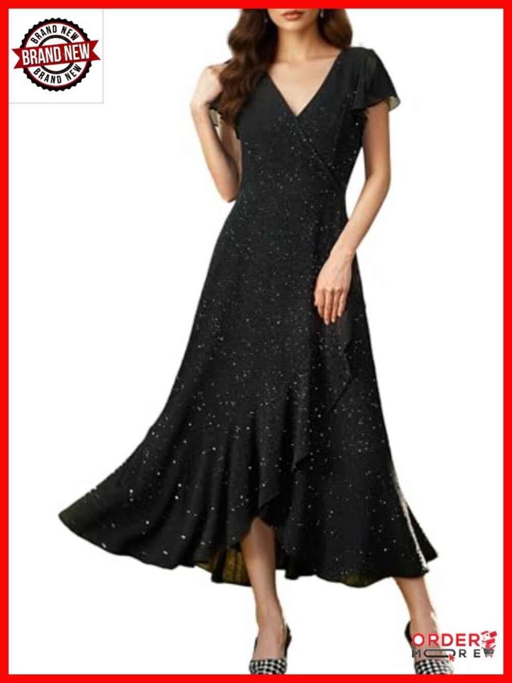 V-Neck Short Sleeve A-Line Sequin Formal Dress